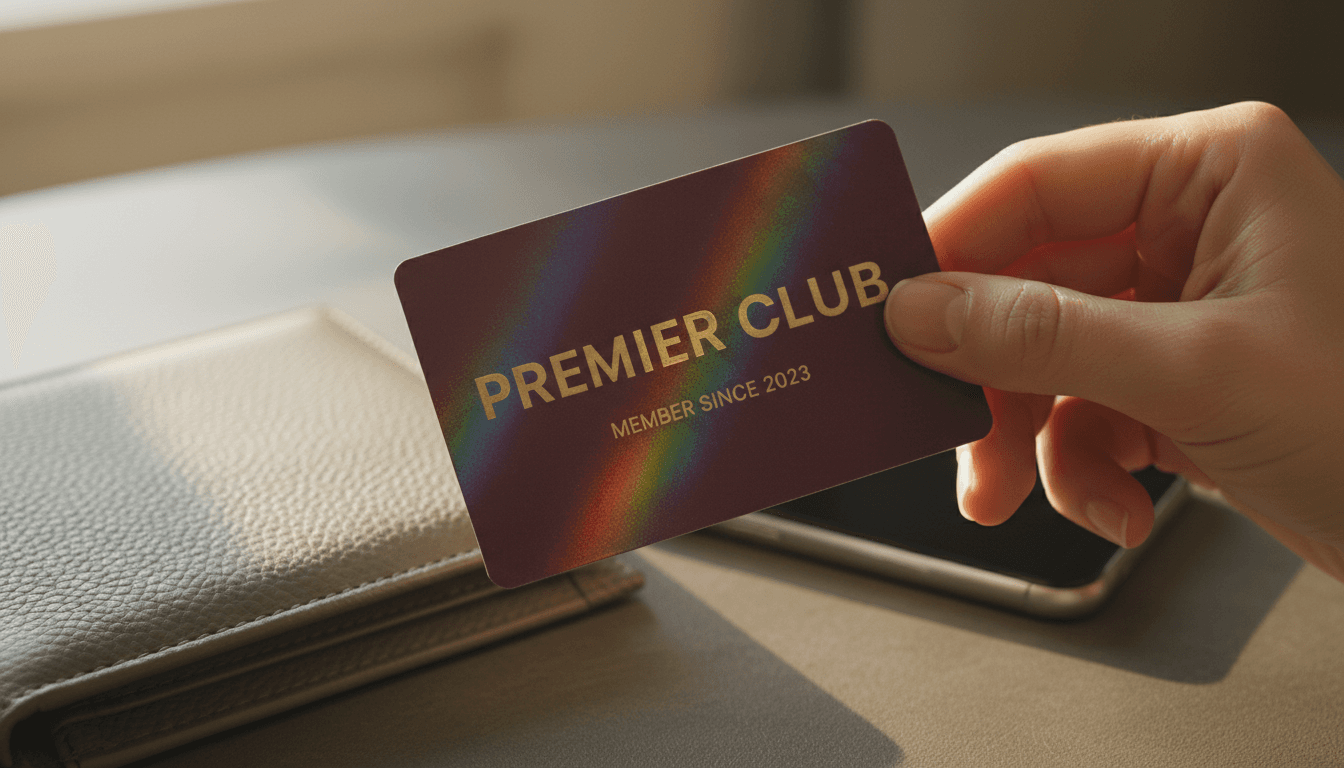 Person holding a premium membership card near a wallet and smartphone
