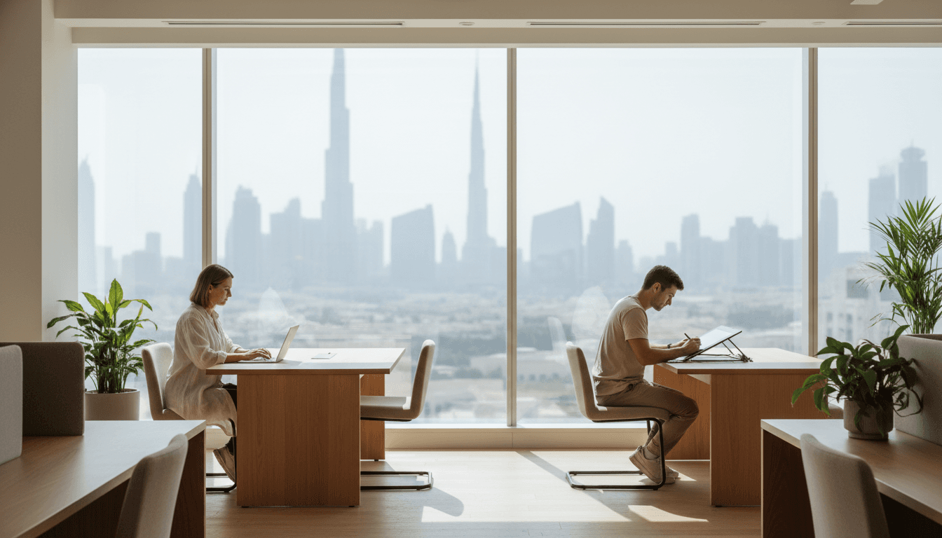 Bright co-working space in Dubai with two professionals working at separate desks near tall windows overlooking the city