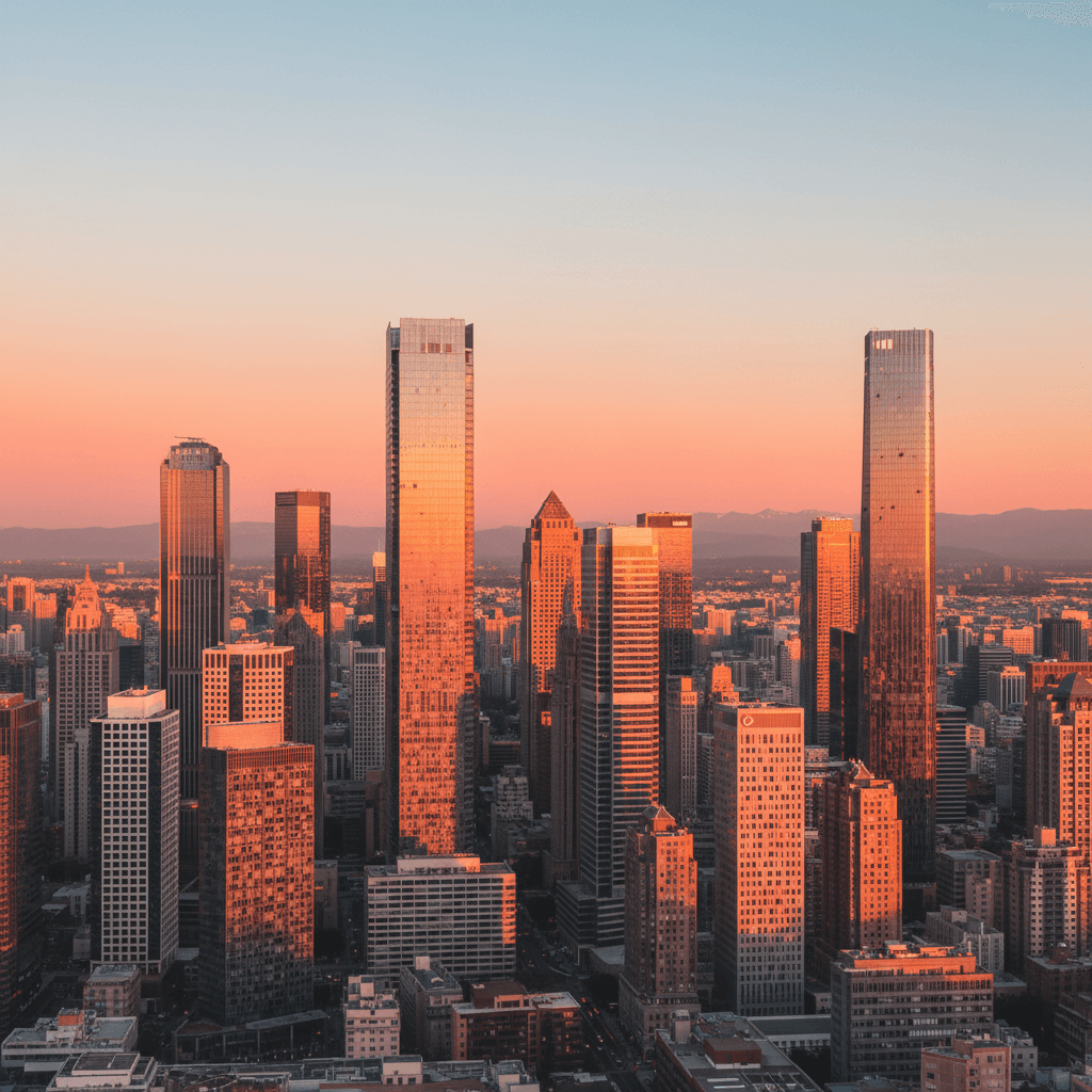 City skyline at golden hour with modern glass towers and warm sky