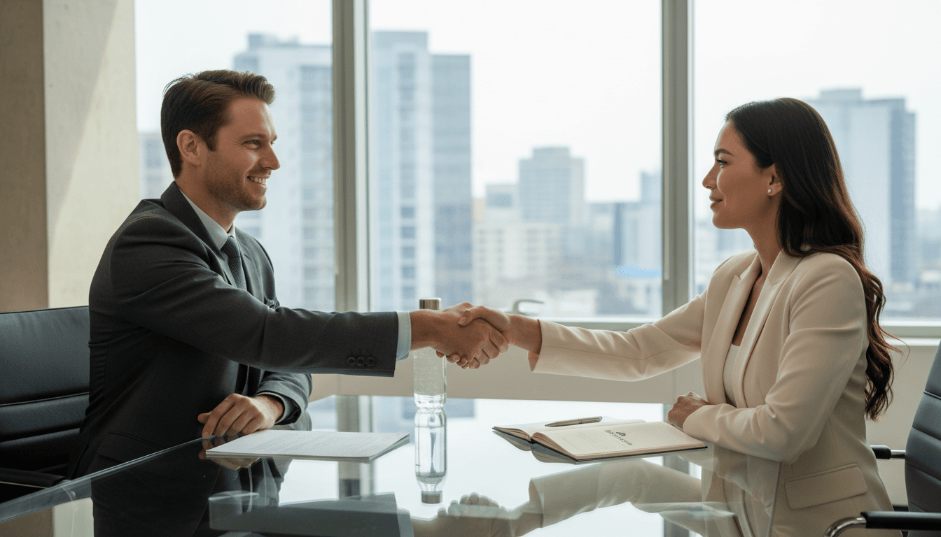 Two professionals shaking hands in a sunlit Dubai meeting room