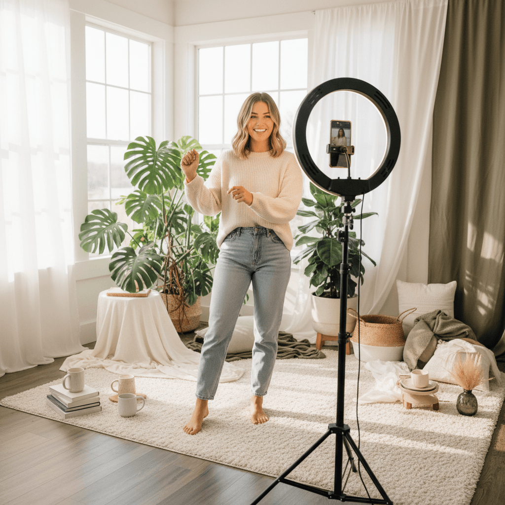 Freelance content creator recording a product video at home