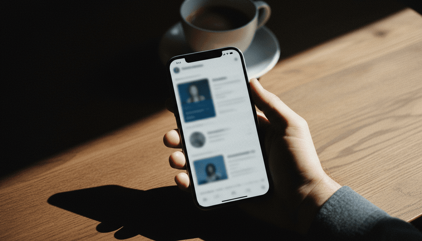 Hand holding smartphone with professional network app on desk