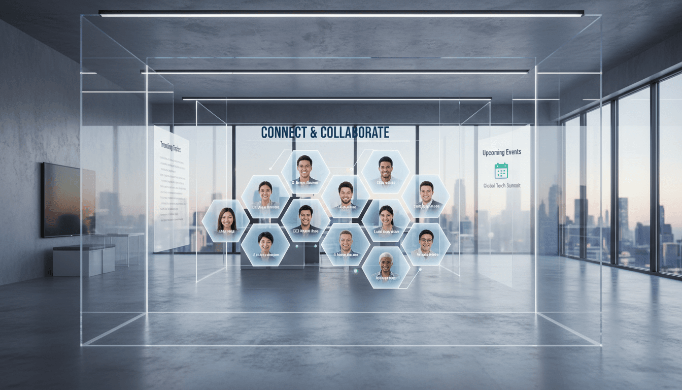 Modern professionals connecting in a clean, structured online environment.