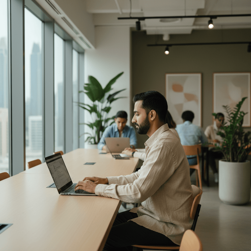 Freelancer working in a Dubai co-working space with natural light and city view