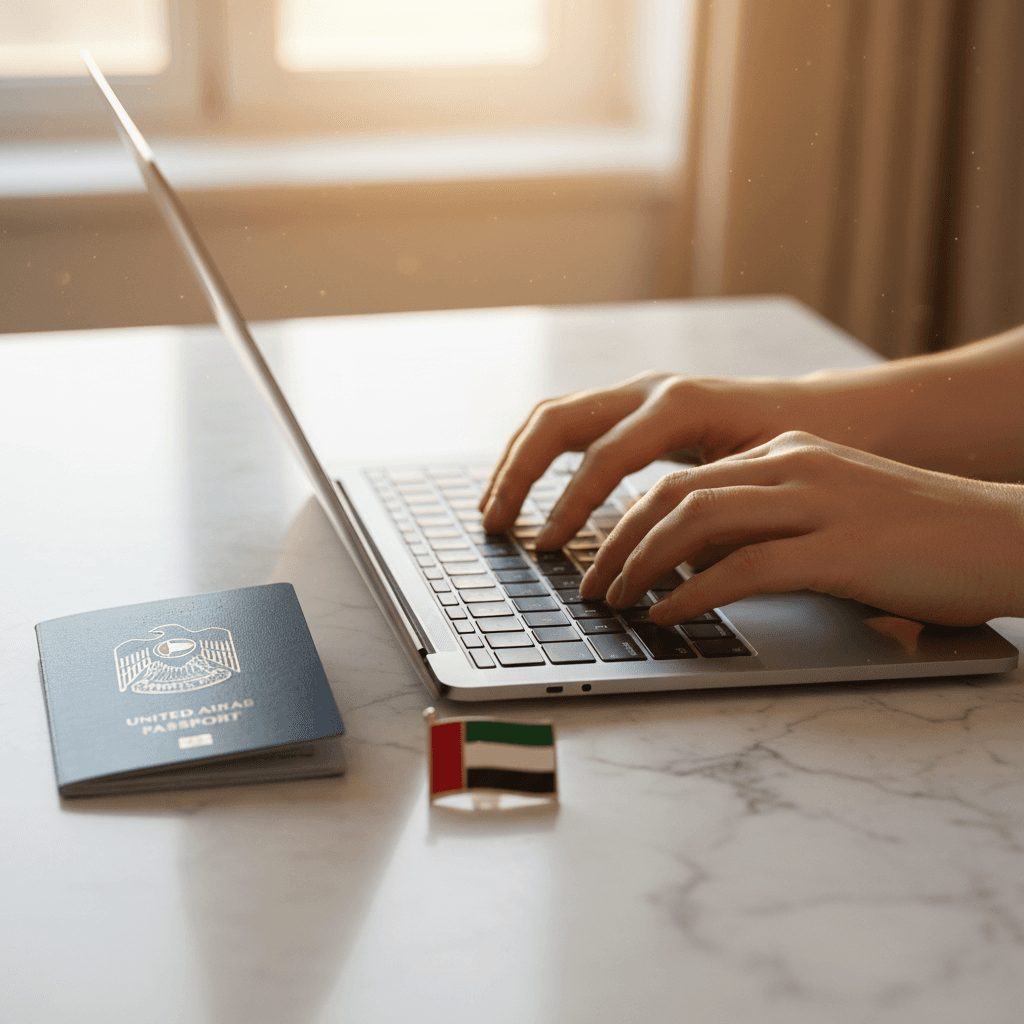 Hands typing on a laptop with passport and UAE flag pin nearby