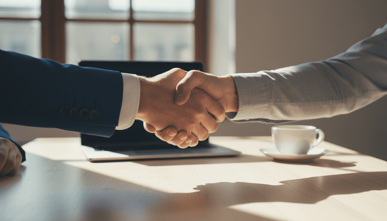 Two professionals shaking hands over a clean desk in a modern workspace