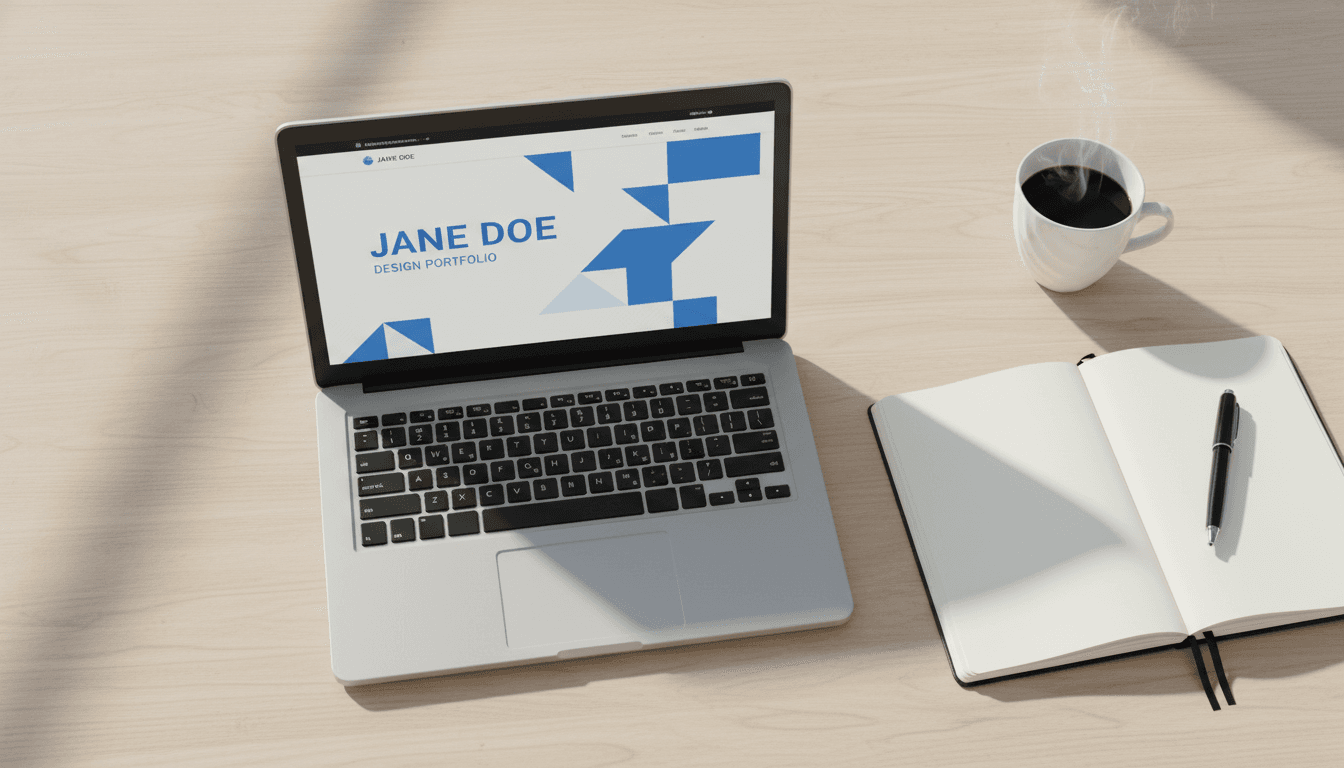 Laptop showing a portfolio website on a desk with notebook and coffee