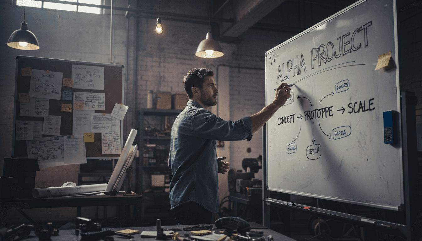 Entrepreneur sketching ideas on whiteboard