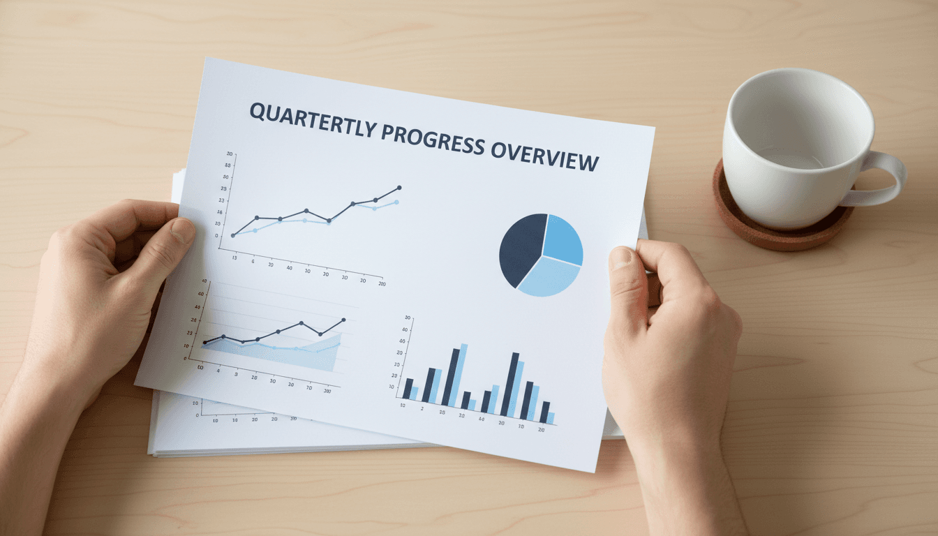 Hands reviewing a printed report showing charts and graphs on a desk