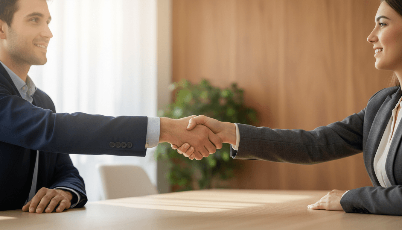Two professionals shaking hands in a bright meeting room