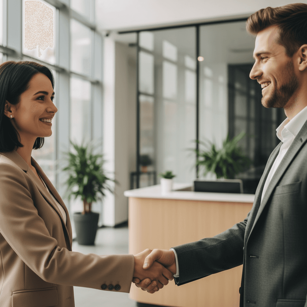 Two professionals shaking hands in an office lobby