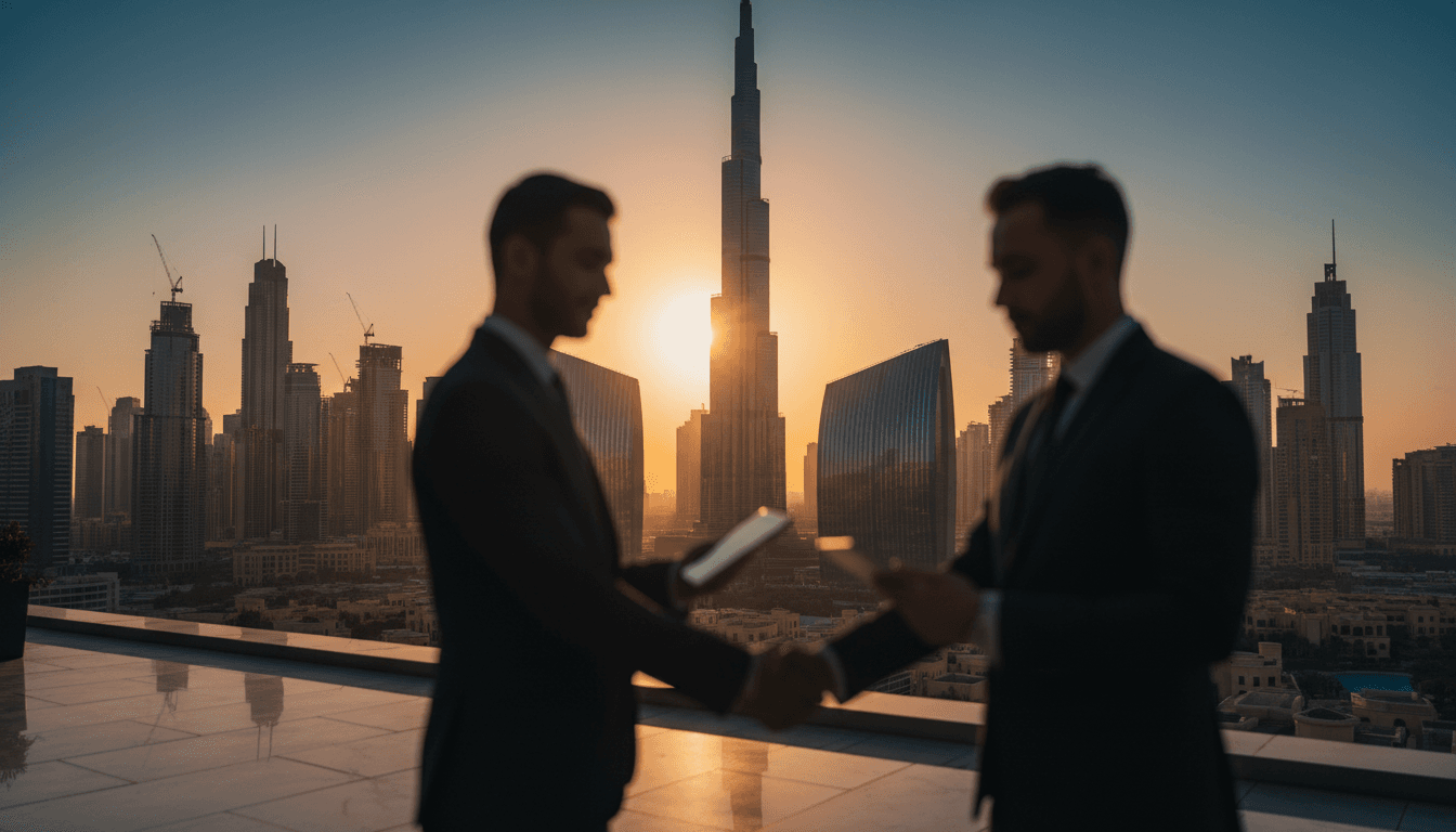 Two professionals meeting in a modern Dubai office with skyline view