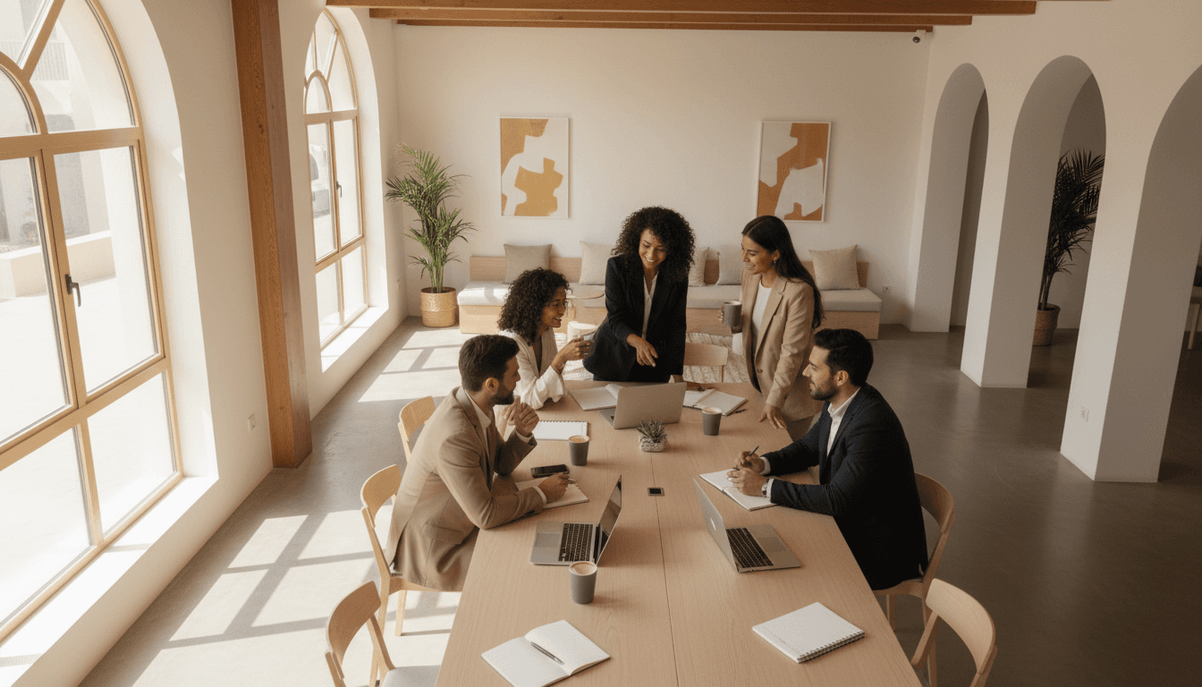 Professionals collaborating in a bright Dubai co-working space