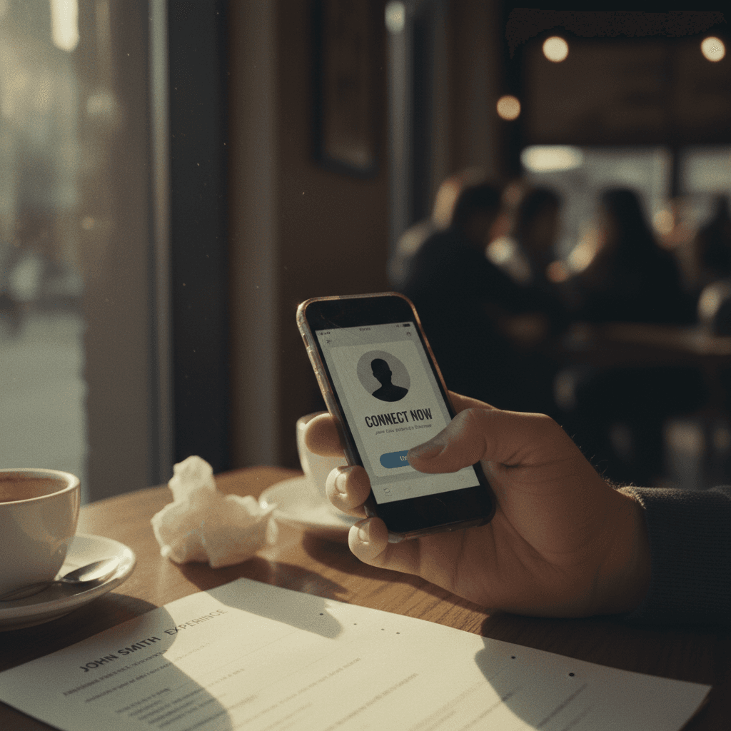 Job seeker holding a smartphone with a networking app on the screen