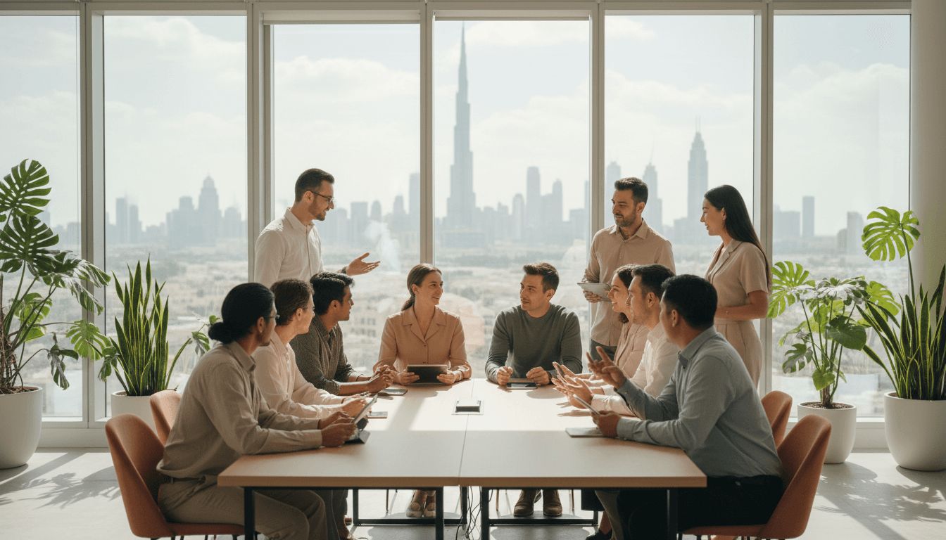 Professionals collaborating in a bright co-working space with Dubai skyline in background