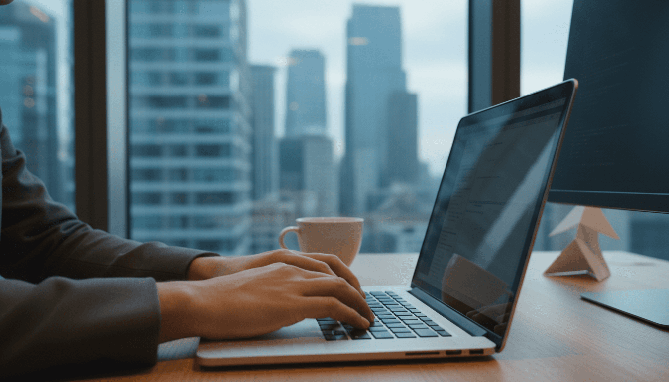Hands typing on a laptop with a city skyline in the background