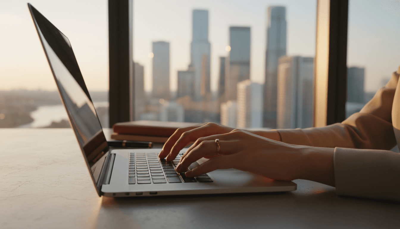 Hands typing on a laptop with city view