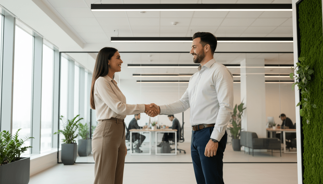Two professionals shaking hands in a co-working space