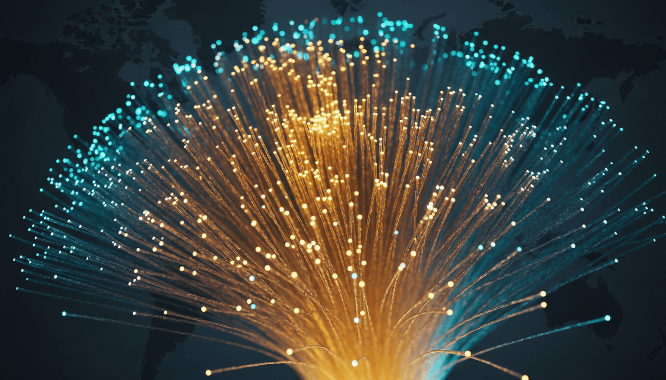 Glowing fiber optic cables against a dark blue gradient backdrop with a subtle world map pattern
