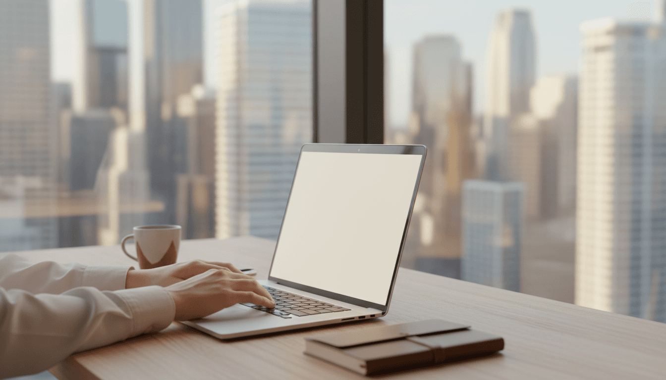 Professional hands typing on a laptop in a modern workspace
