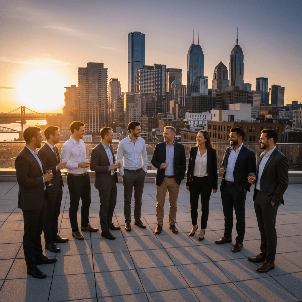 Group of professionals networking on a rooftop terrace