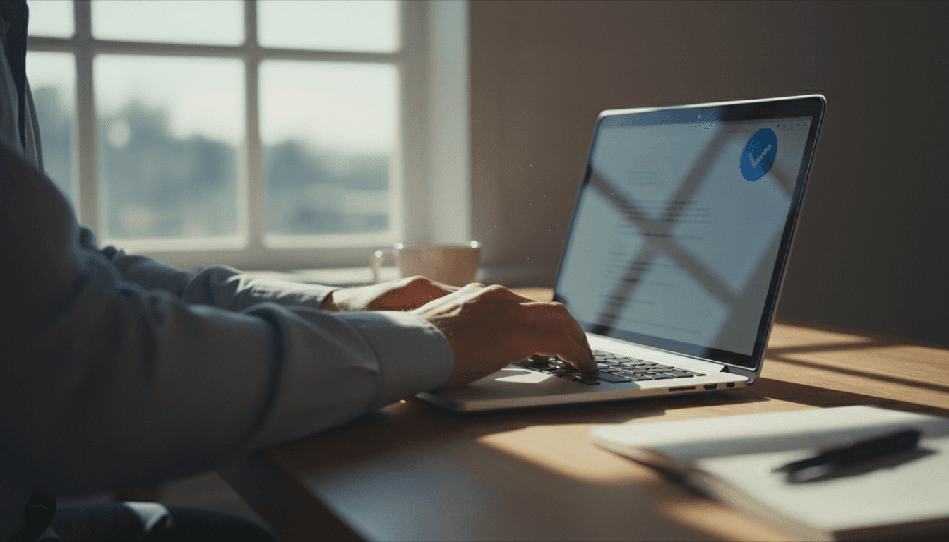 Hands typing on a laptop with a verified listing on screen