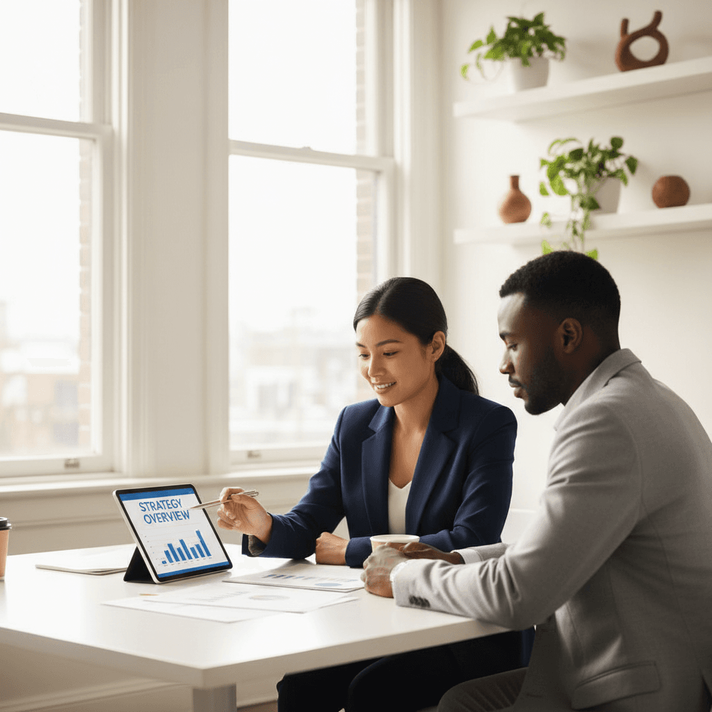 Business professional reviewing documents with a client in a modern office