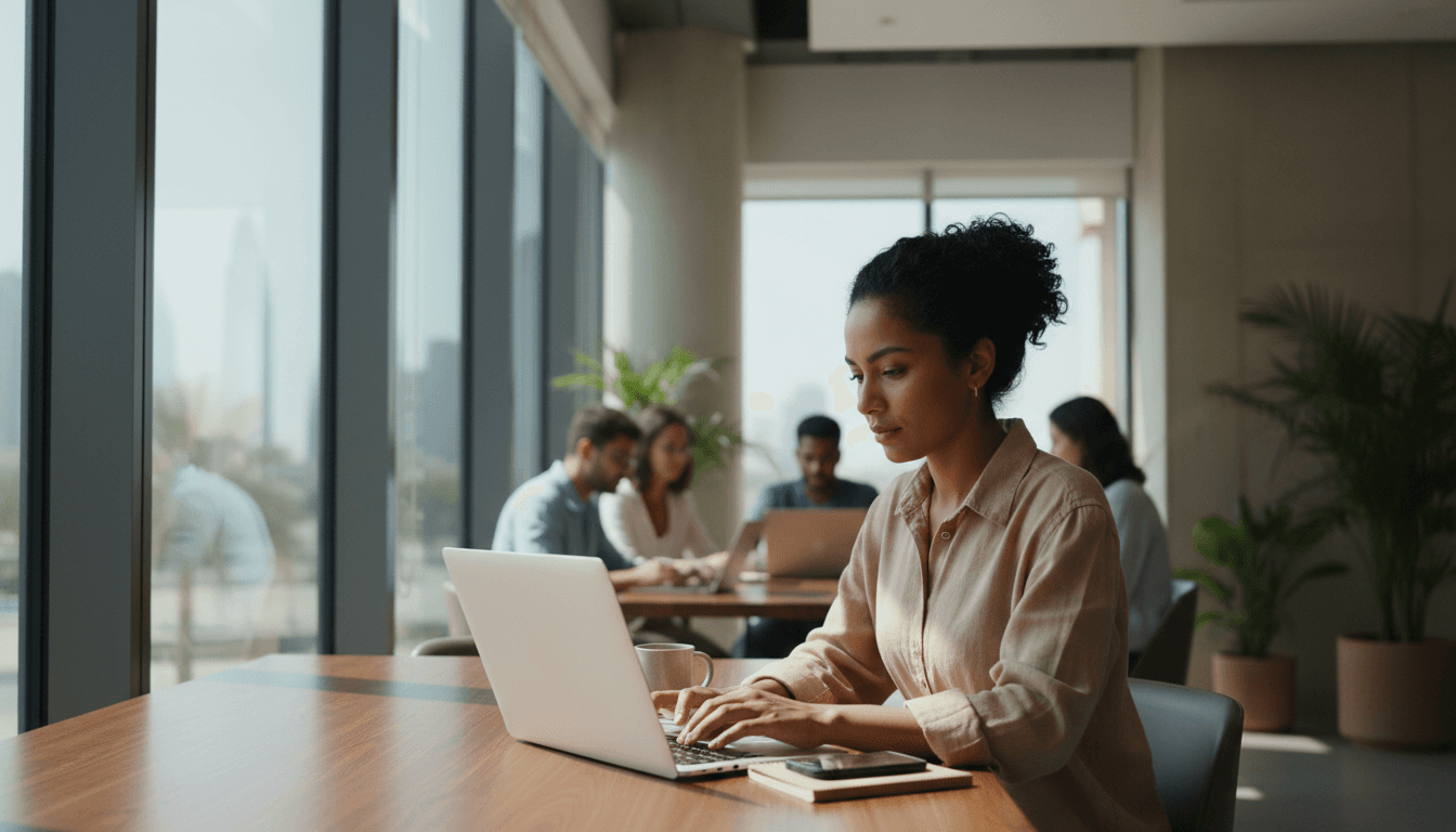Freelancer working on a laptop in a modern co-working space in Dubai