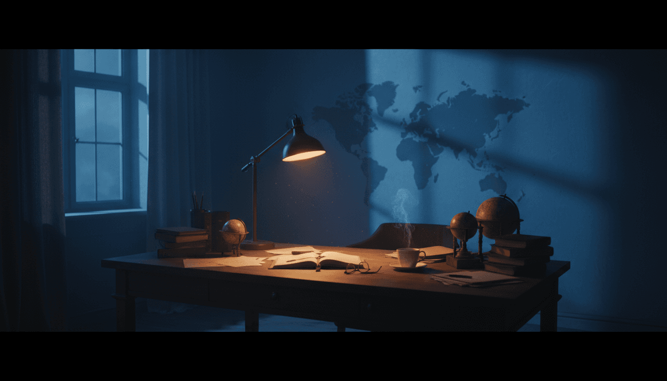 A desk with a lamp and a world map shadow on the wall