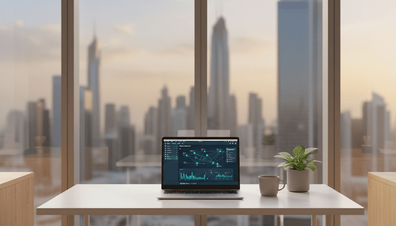 Professional workspace in Dubai with laptop and coffee cup