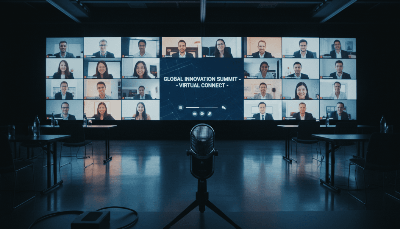Virtual networking event displayed on a large screen in a dimly lit room