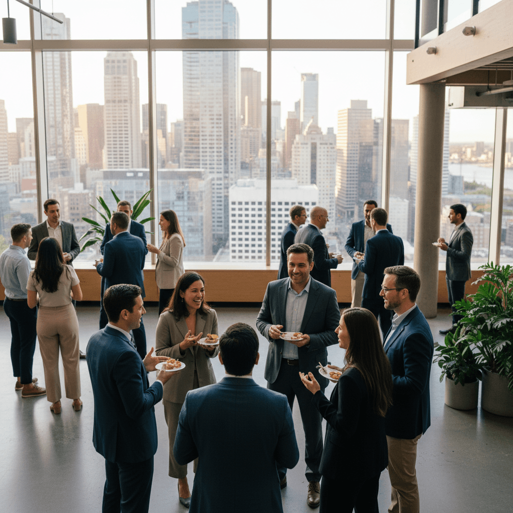 Professionals networking at a modern event venue