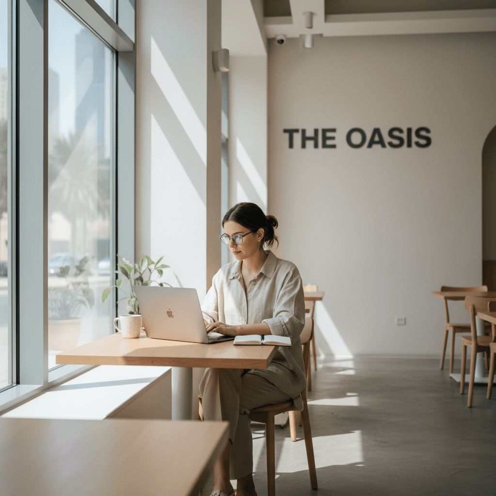 Freelancer working remotely from a Dubai café