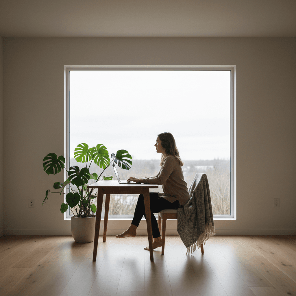 Remote worker in a minimalist home office looking out the window