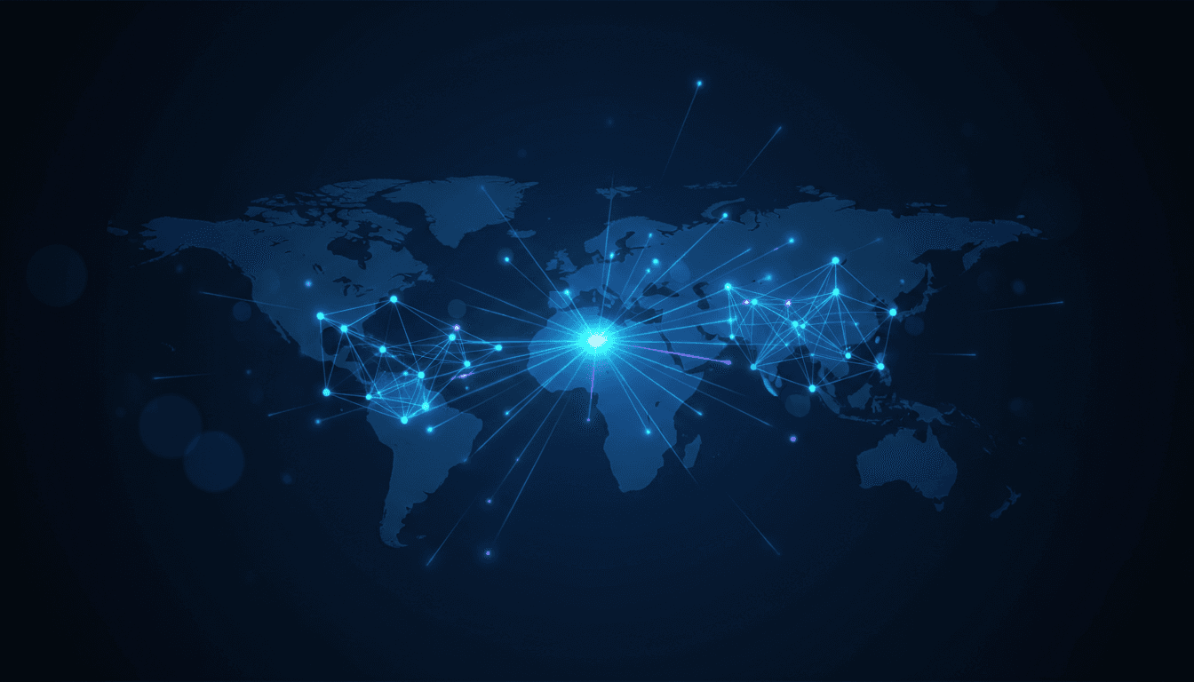 Global digital network with interconnected nodes and light trails