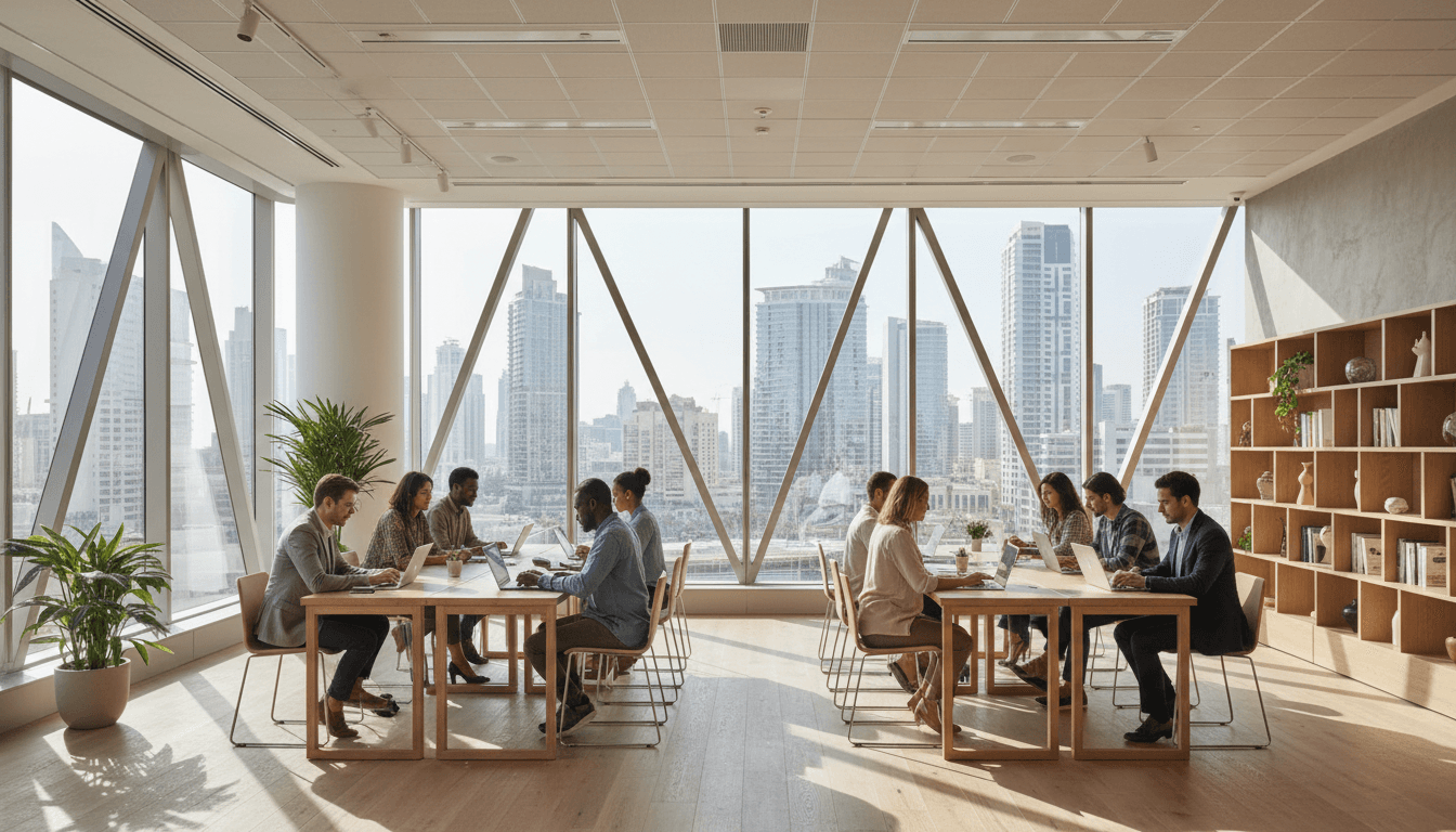 Professionals working in a bright modern co-working space in Dubai