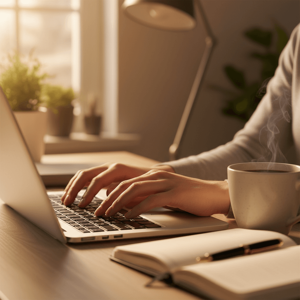 Close-up of hands typing on a laptop keyboard with coffee nearby