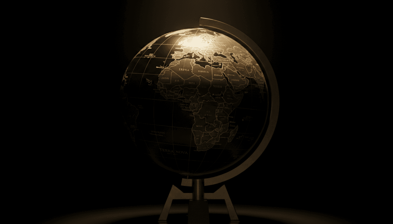 Close-up of a globe illuminated in a dark, professional setting