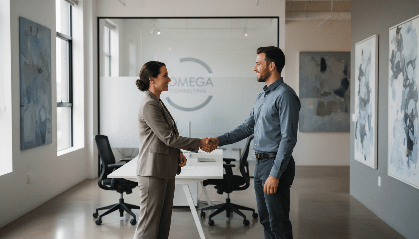 Business owner shaking hands with freelancer in office