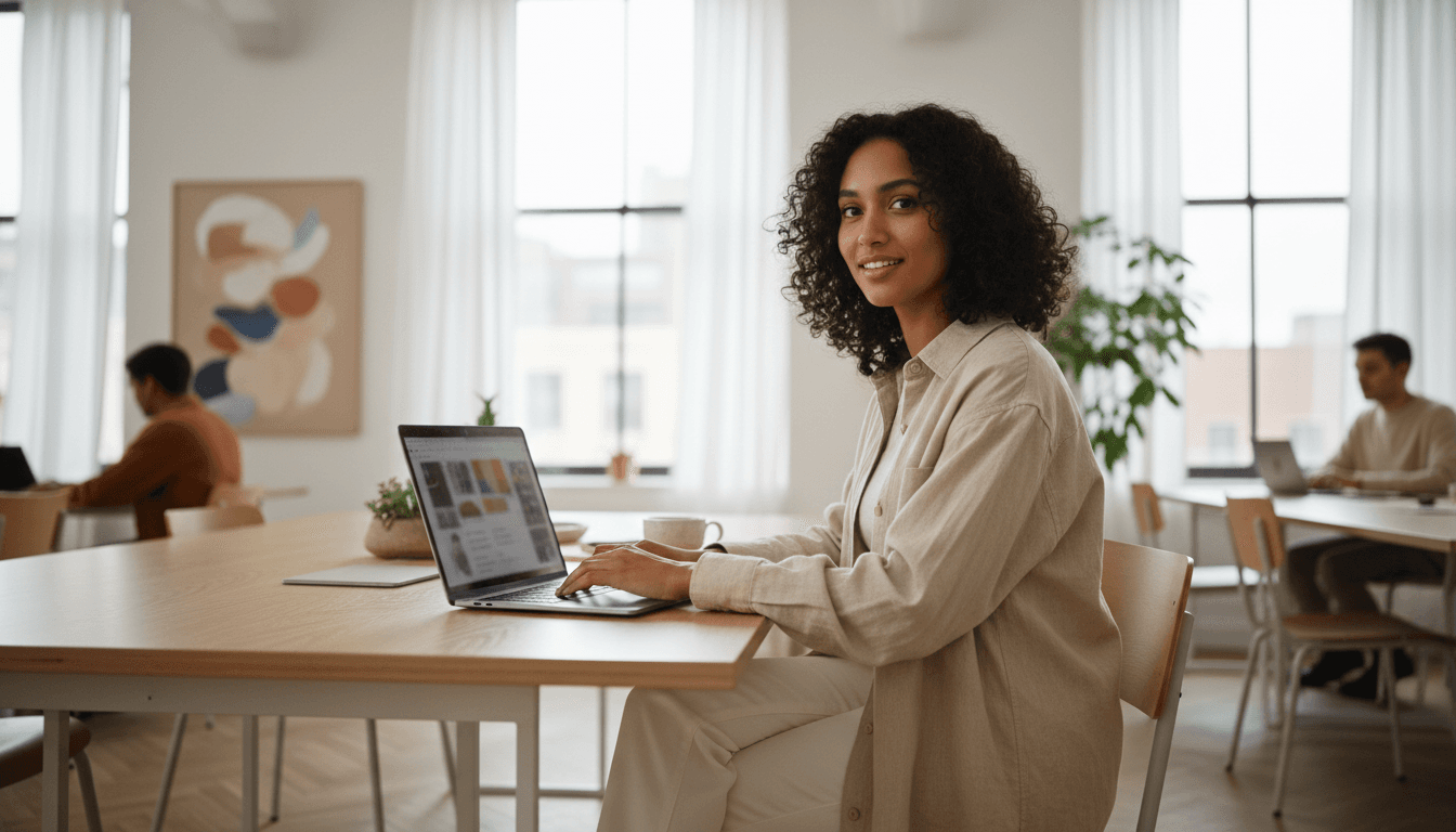 Freelancer working on laptop in co-working space