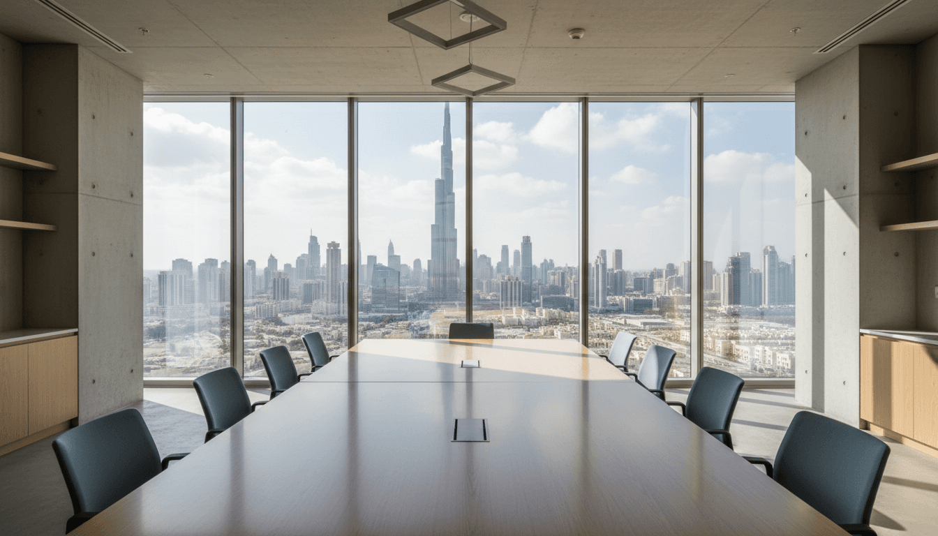Bright modern office space with a large wooden conference table and city skyline view
