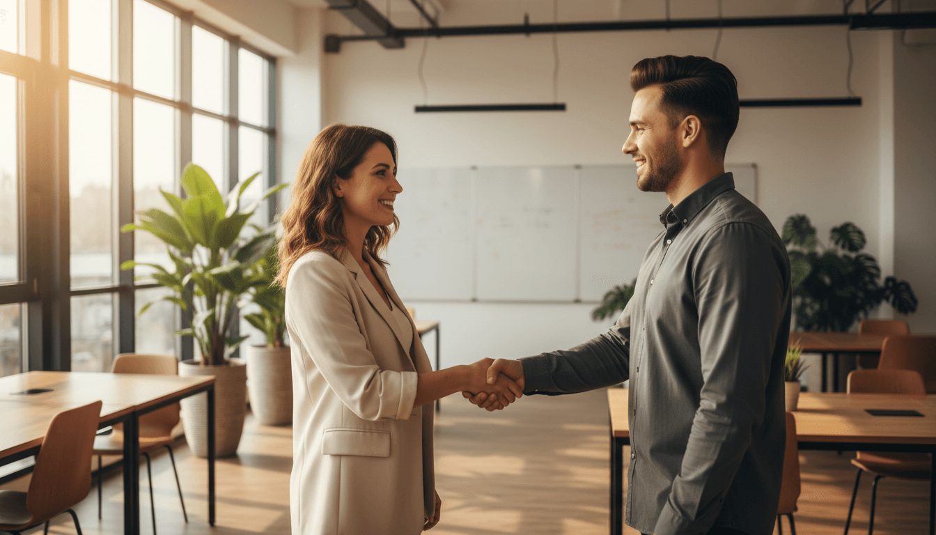 Two professionals shaking hands in a bright modern co-working space