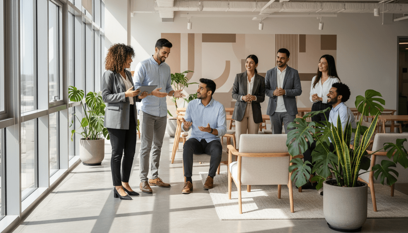 Diverse professionals networking in a bright co-working space in Dubai