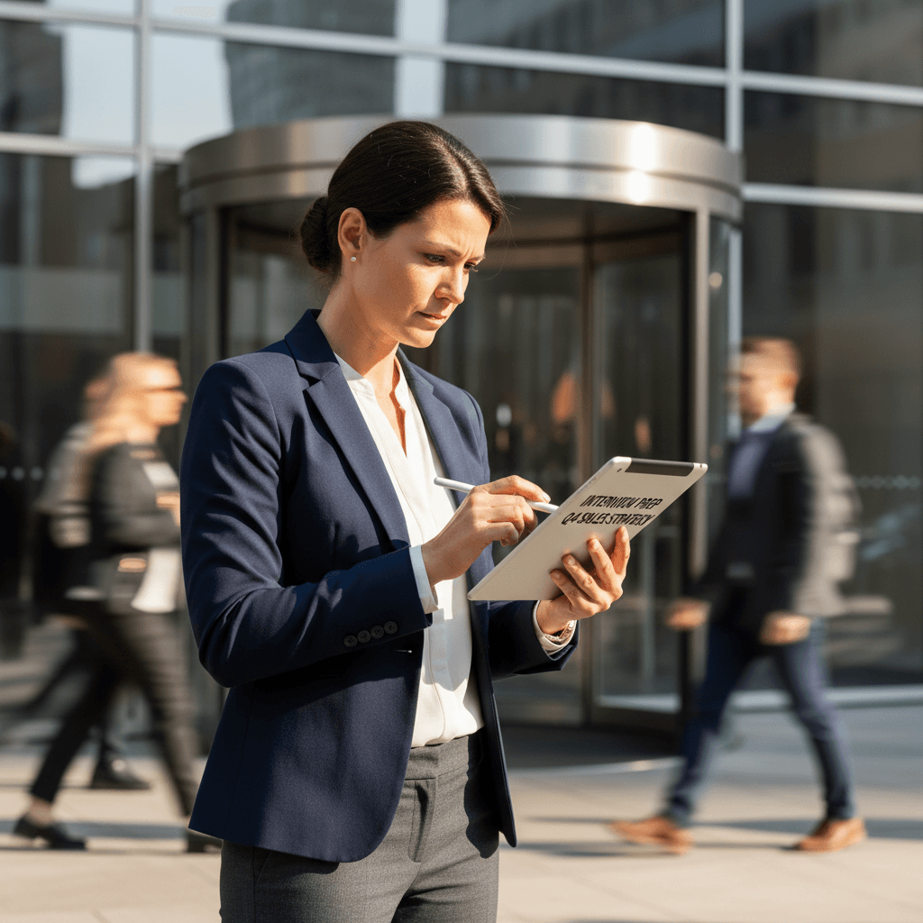 Job seeker reviewing notes on a tablet outdoors