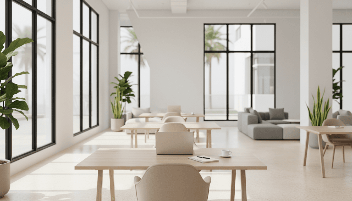 Clean co-working desk with laptop and coffee in bright Dubai space