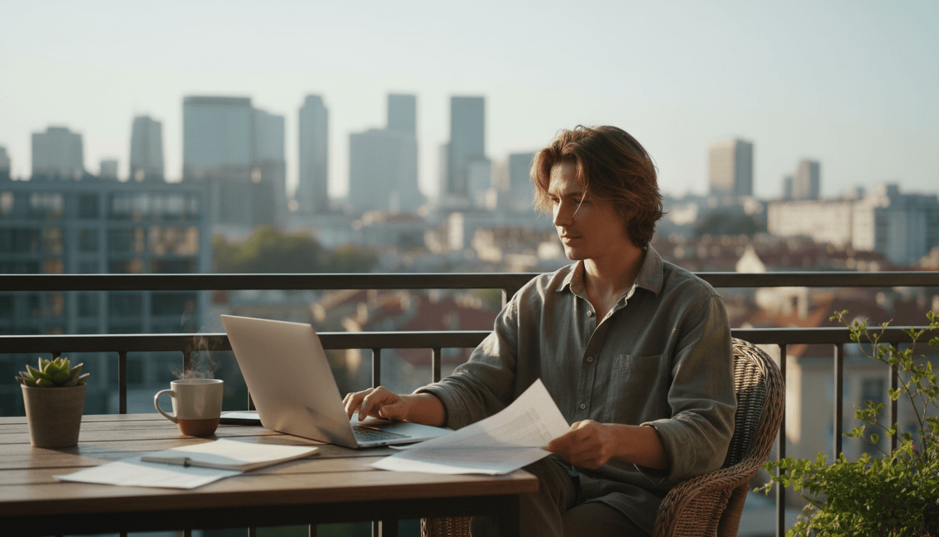 Remote worker on a balcony with laptop