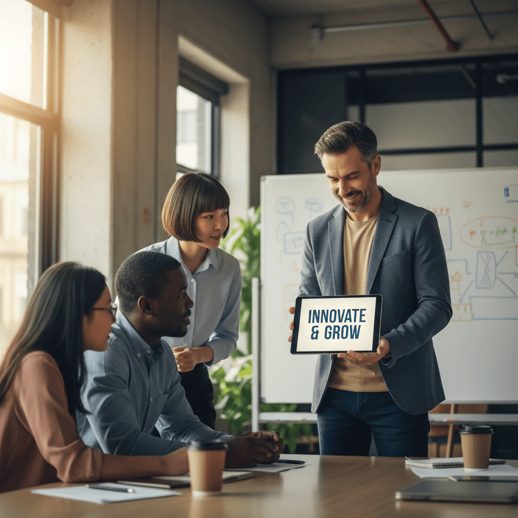 Entrepreneur presenting a project to a diverse team