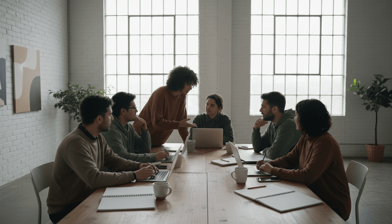 Diverse group of freelancers collaborating around a shared table in an open studio