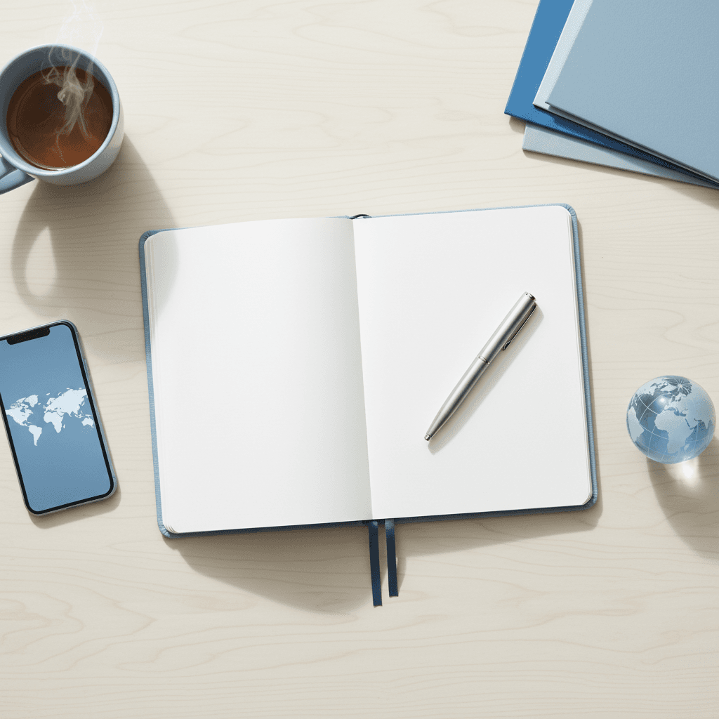 Overhead view of a desk with a smartphone, notebook, pen, and a small globe