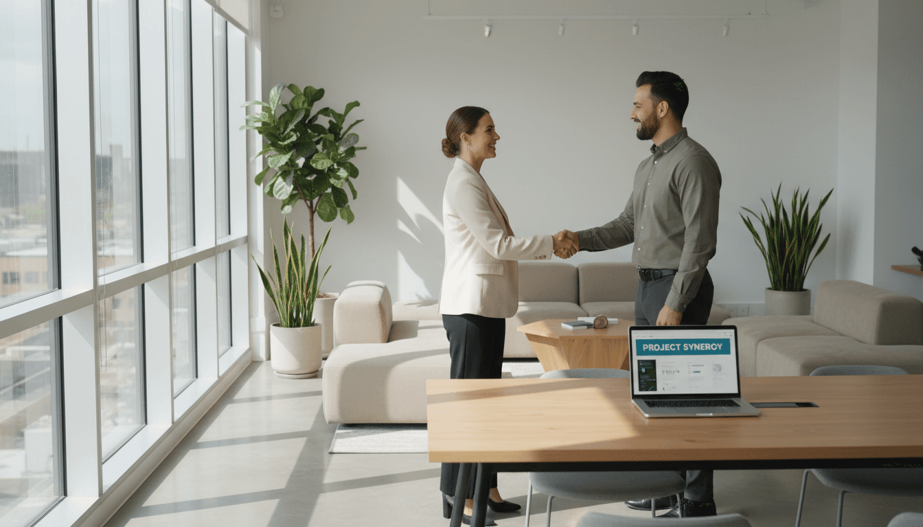 Two professionals shaking hands in a bright co-working space